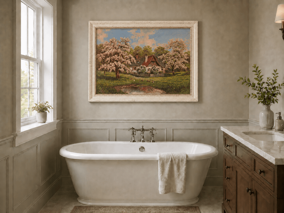 Framed hand-painted spring cottage oil painting surrounded by blossoming trees beside a quiet pond displayed above a freestanding bathtub.