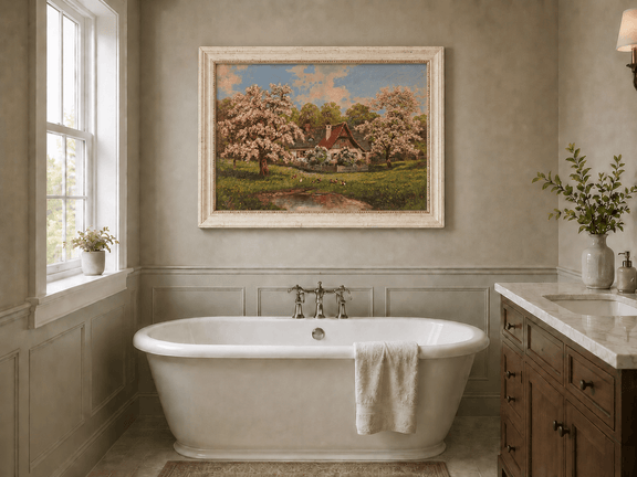 Framed hand-painted spring cottage oil painting surrounded by blossoming trees beside a quiet pond displayed above a freestanding bathtub.