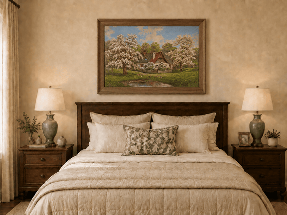 Framed hand-painted spring cottage oil painting surrounded by blossoming trees beside a quiet pond displayed above a wooden bed in a neutral bedroom.