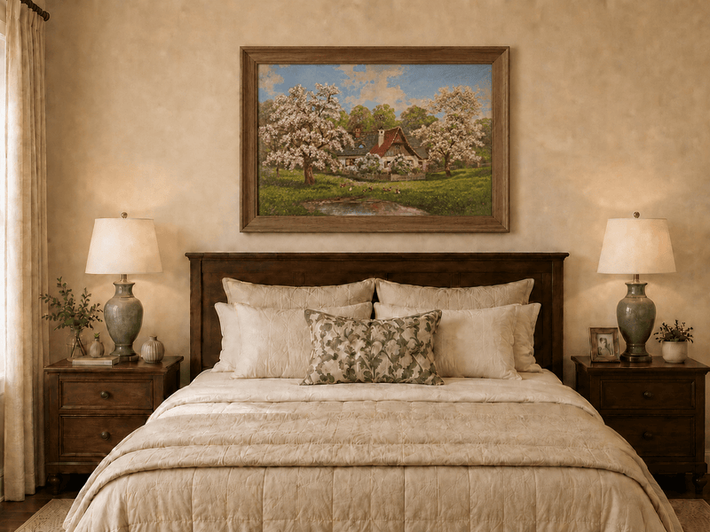 Framed hand-painted spring cottage oil painting surrounded by blossoming trees beside a quiet pond displayed above a wooden bed in a neutral bedroom.