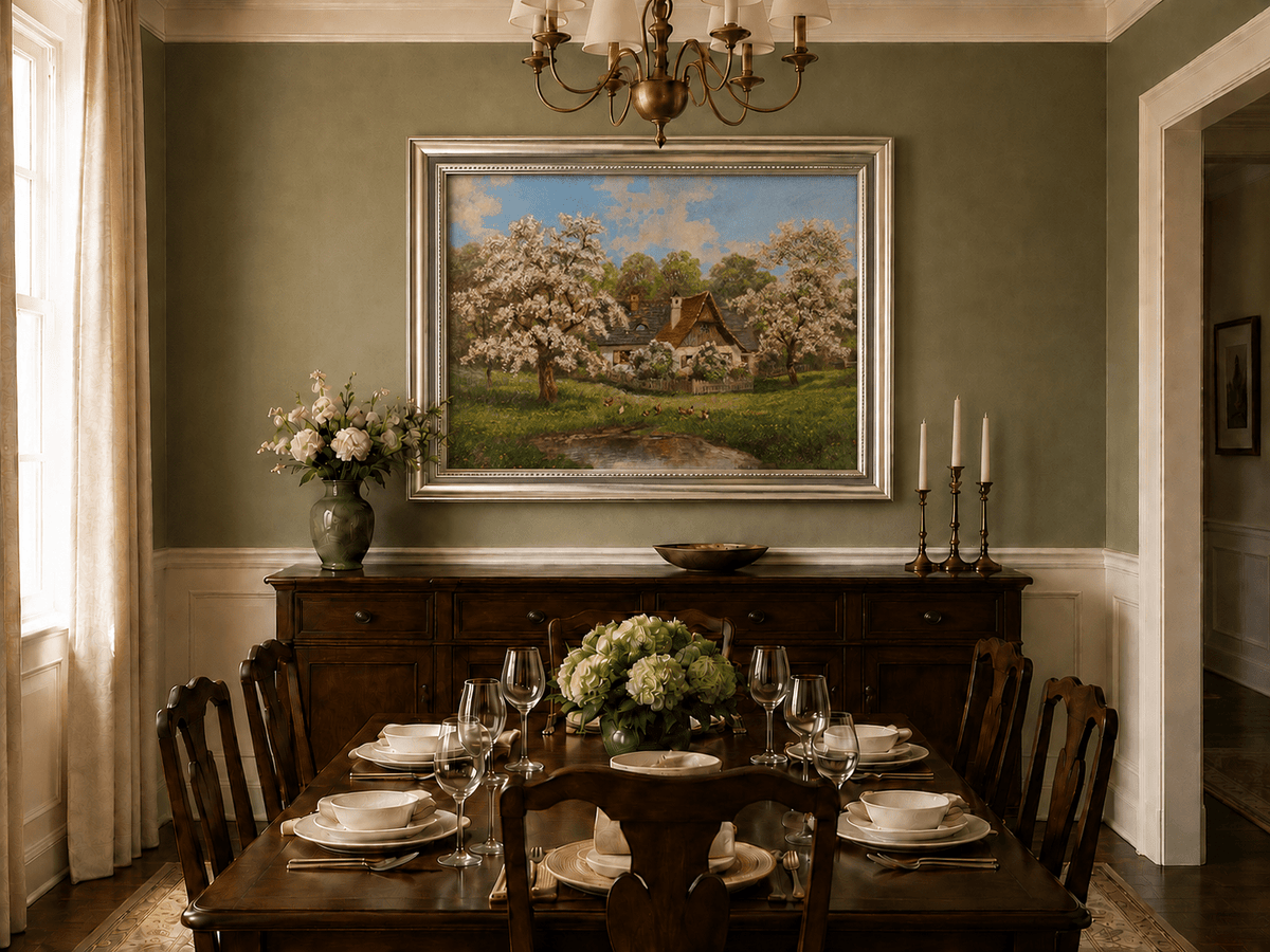 Framed hand-painted spring cottage oil painting surrounded by blossoming trees beside a quiet pond displayed above a formal dining table.