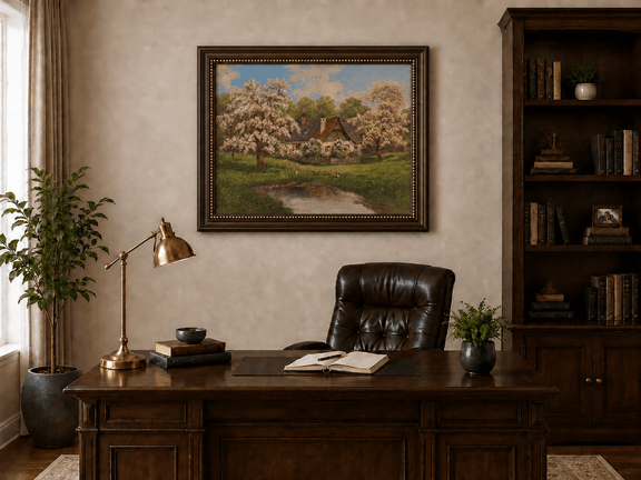 Framed hand-painted spring cottage oil painting surrounded by blossoming trees beside a quiet pond displayed above a traditional home office desk.