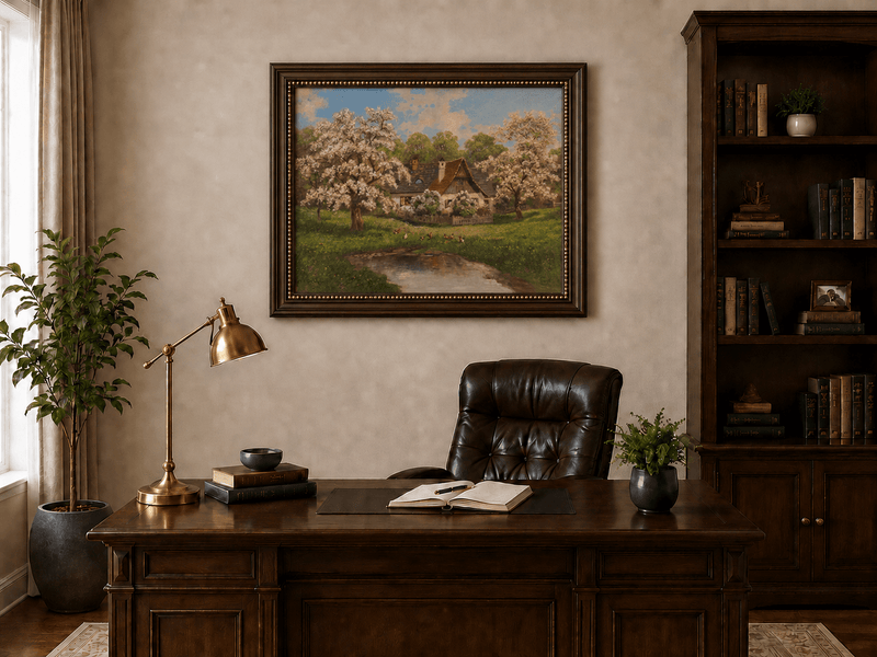 Framed hand-painted spring cottage oil painting surrounded by blossoming trees beside a quiet pond displayed above a traditional home office desk.