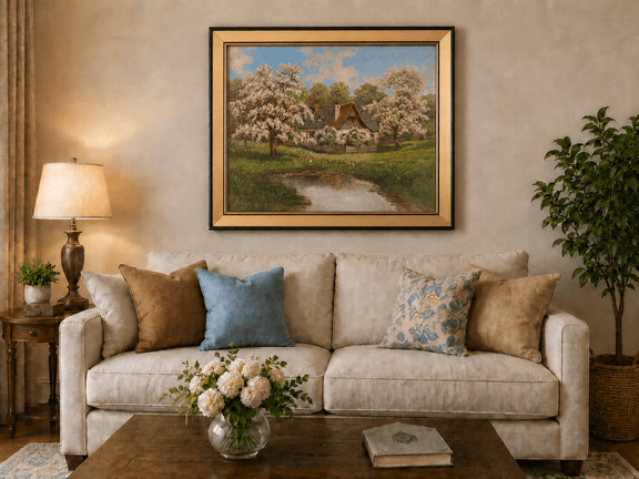 Framed hand-painted spring cottage oil painting surrounded by blossoming trees beside a quiet pond displayed above a neutral living room sofa.