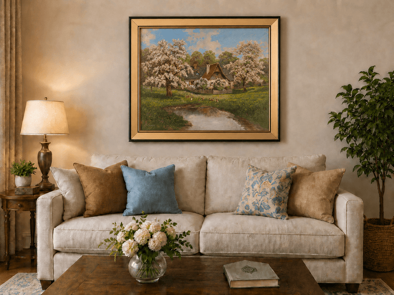 Framed hand-painted spring cottage oil painting surrounded by blossoming trees beside a quiet pond displayed above a neutral living room sofa.