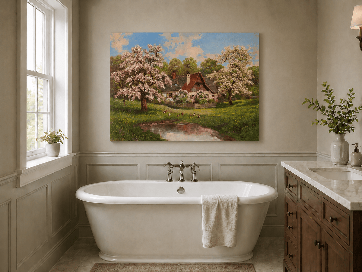 Unframed hand-painted spring cottage oil painting surrounded by blossoming trees beside a quiet pond displayed above a freestanding bathtub.