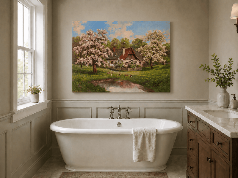 Unframed hand-painted spring cottage oil painting surrounded by blossoming trees beside a quiet pond displayed above a freestanding bathtub.