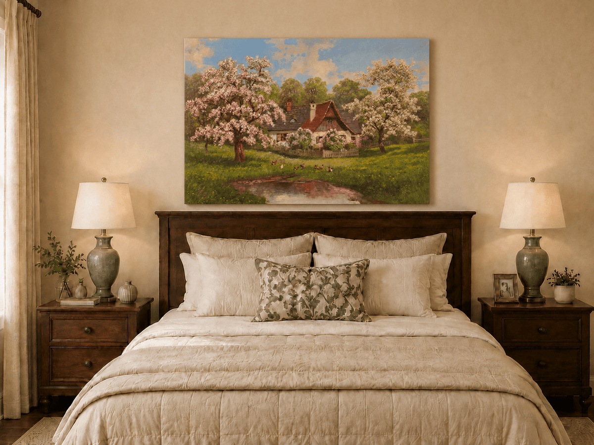 Unframed hand-painted spring cottage oil painting surrounded by blossoming trees beside a quiet pond displayed above a wooden bed in a neutral bedroom.