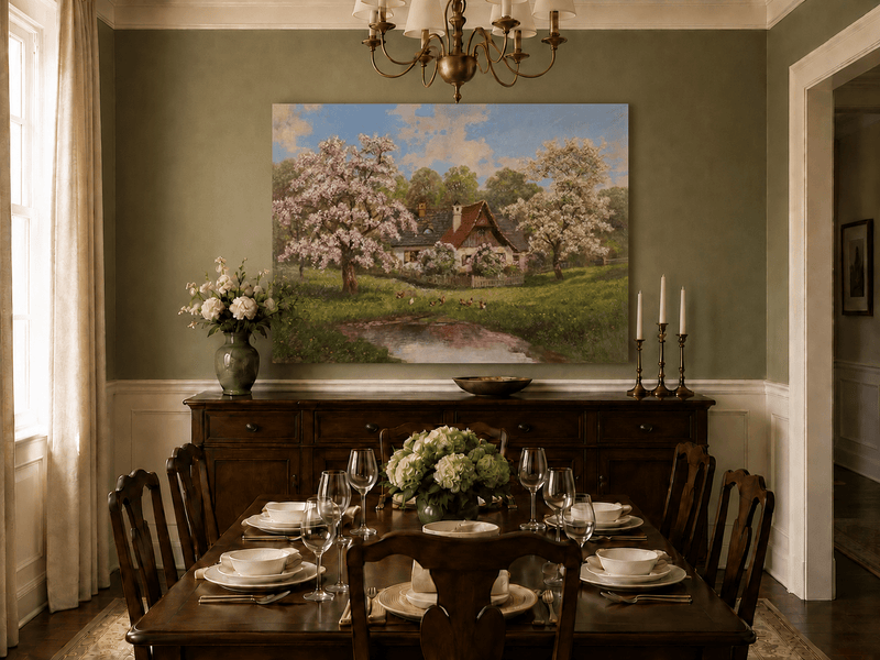 Unframed hand-painted spring cottage oil painting surrounded by blossoming trees beside a quiet pond displayed above a formal dining table.