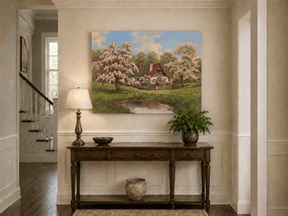 Unframed hand-painted spring cottage oil painting surrounded by blossoming trees beside a quiet pond displayed above an entryway console table.