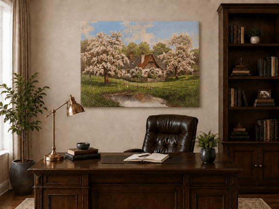 Unframed hand-painted spring cottage oil painting surrounded by blossoming trees beside a quiet pond displayed above a traditional home office desk.