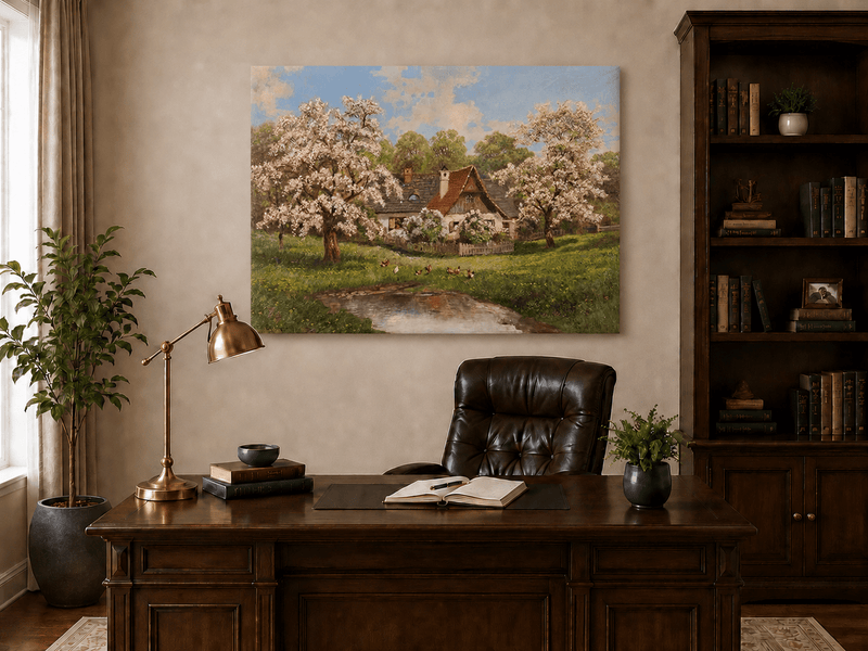 Unframed hand-painted spring cottage oil painting surrounded by blossoming trees beside a quiet pond displayed above a traditional home office desk.