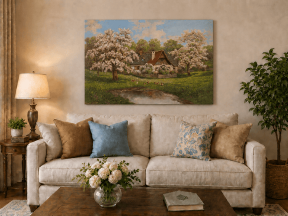 Unframed hand-painted spring cottage oil painting surrounded by blossoming trees beside a quiet pond displayed above a neutral living room sofa.