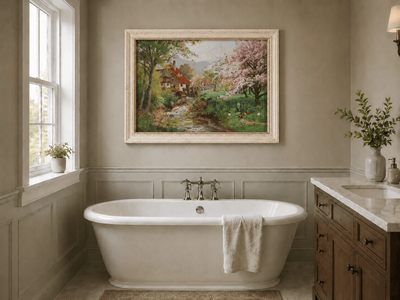 Framed hand-painted spring mill house oil painting beside a flower-lined woodland stream displayed above a freestanding bathtub.