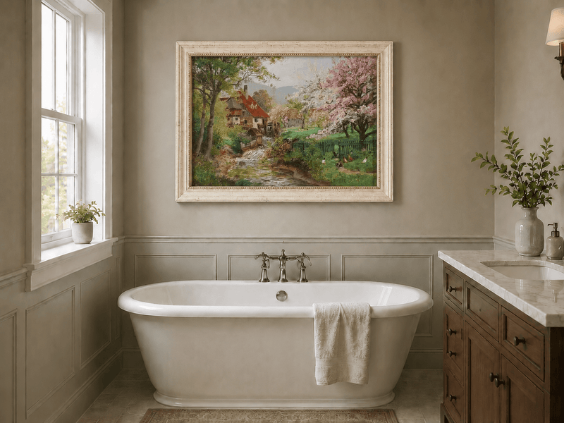 Framed hand-painted spring mill house oil painting beside a flower-lined woodland stream displayed above a freestanding bathtub.