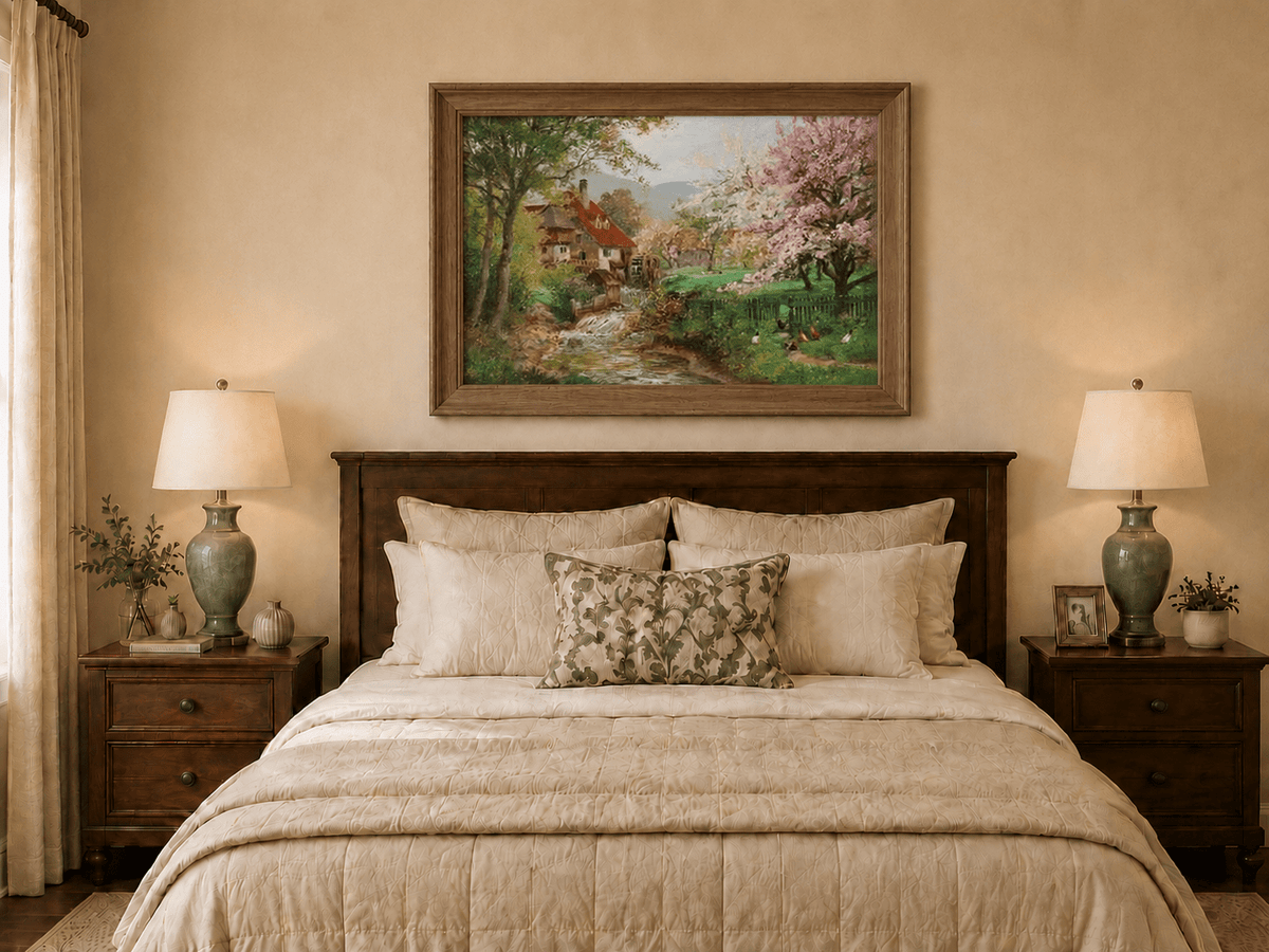 Framed hand-painted spring mill house oil painting beside a flower-lined woodland stream displayed above a wooden bed in a neutral bedroom.