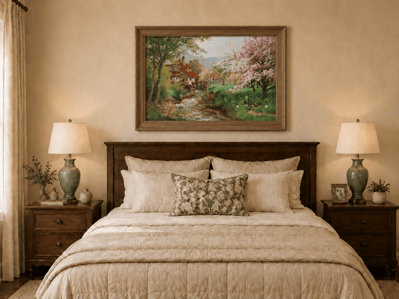 Framed hand-painted spring mill house oil painting beside a flower-lined woodland stream displayed above a wooden bed in a neutral bedroom.