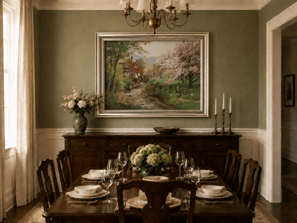 Framed hand-painted spring mill house oil painting beside a flower-lined woodland stream displayed above a formal dining table.