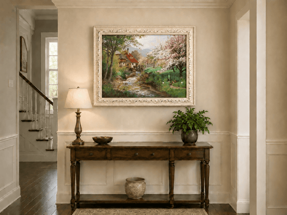 Framed hand-painted spring mill house oil painting beside a flower-lined woodland stream displayed above an entryway console table.
