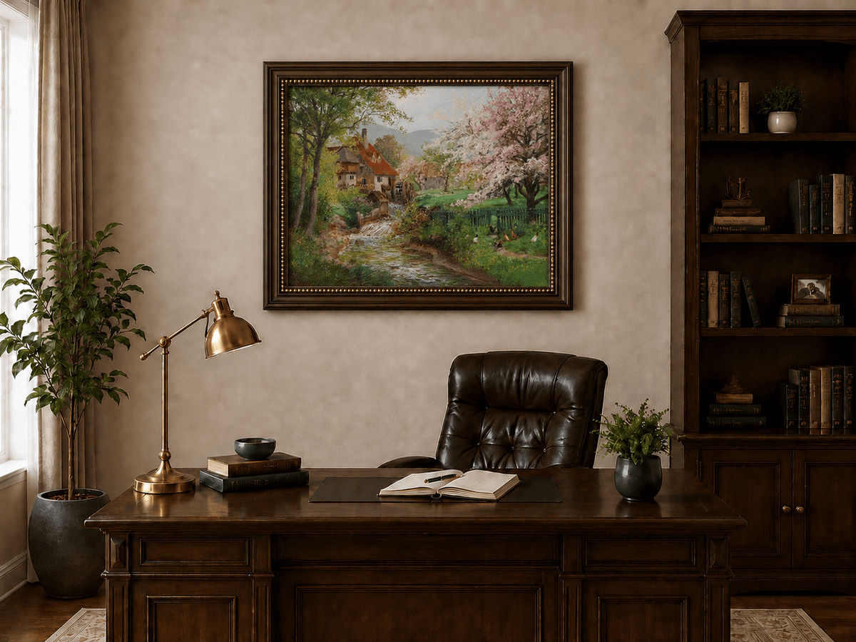 Framed hand-painted spring mill house oil painting beside a flower-lined woodland stream displayed above a traditional home office desk.
