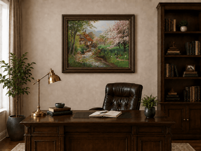 Framed hand-painted spring mill house oil painting beside a flower-lined woodland stream displayed above a traditional home office desk.