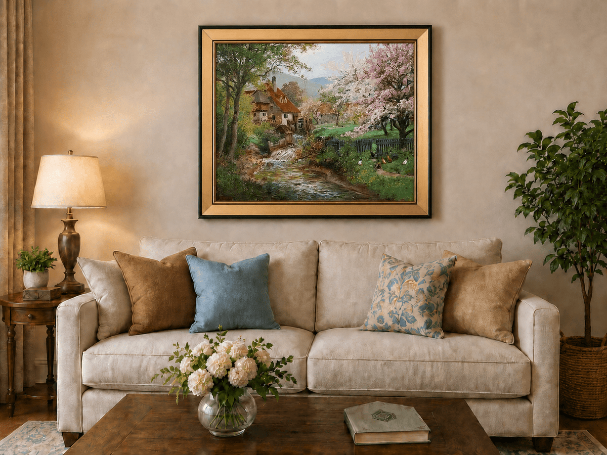 Framed hand-painted spring mill house oil painting beside a flower-lined woodland stream displayed above a neutral living room sofa.