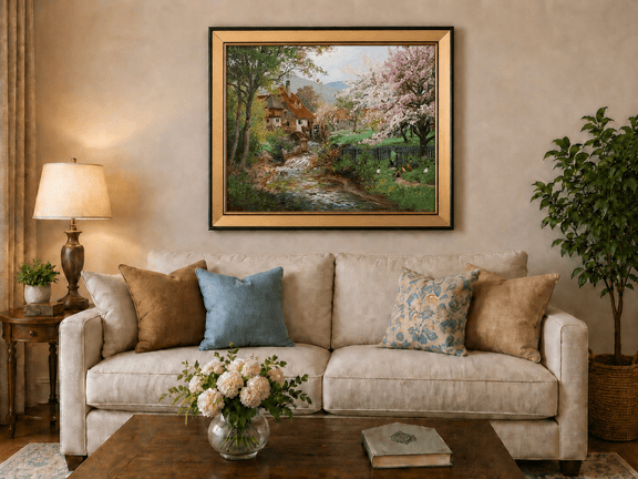 Framed hand-painted spring mill house oil painting beside a flower-lined woodland stream displayed above a neutral living room sofa.