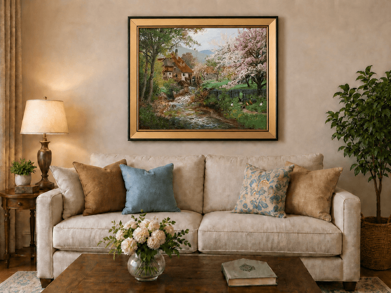 Framed hand-painted spring mill house oil painting beside a flower-lined woodland stream displayed above a neutral living room sofa.