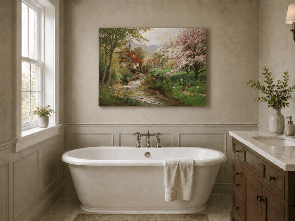 Unframed hand-painted spring mill house oil painting beside a flower-lined woodland stream displayed above a freestanding bathtub.