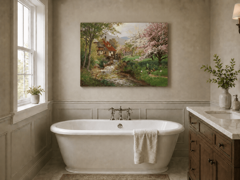 Unframed hand-painted spring mill house oil painting beside a flower-lined woodland stream displayed above a freestanding bathtub.