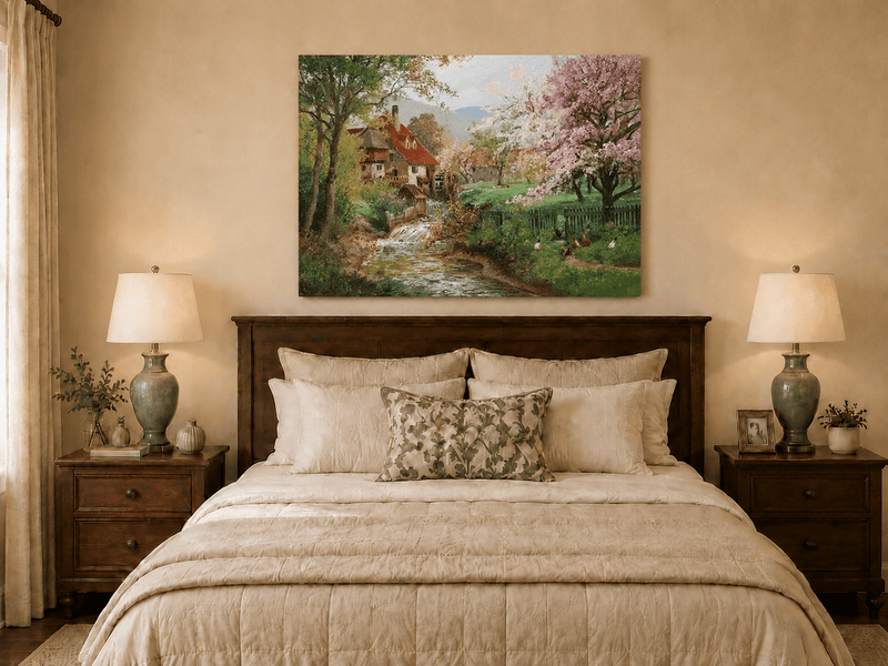 Unframed hand-painted spring mill house oil painting beside a flower-lined woodland stream displayed above a wooden bed in a neutral bedroom.