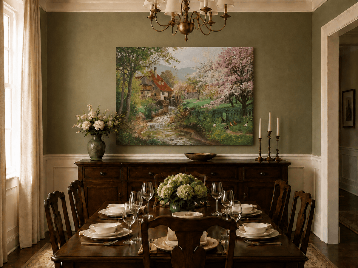 Unframed hand-painted spring mill house oil painting beside a flower-lined woodland stream displayed above a formal dining table.