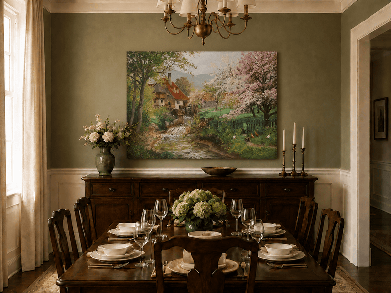 Unframed hand-painted spring mill house oil painting beside a flower-lined woodland stream displayed above a formal dining table.