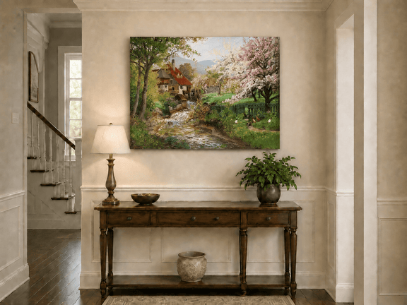 Unframed hand-painted spring mill house oil painting beside a flower-lined woodland stream displayed above an entryway console table.