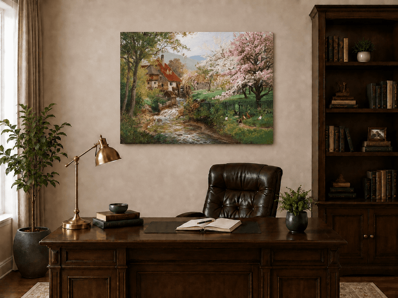 Unframed hand-painted spring mill house oil painting beside a flower-lined woodland stream displayed above a traditional home office desk.
