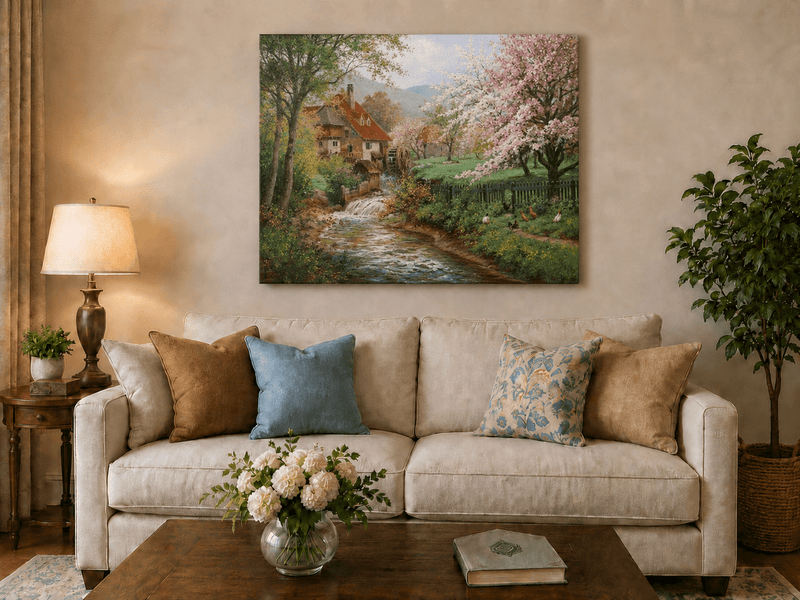Unframed hand-painted spring mill house oil painting beside a flower-lined woodland stream displayed above a neutral living room sofa.