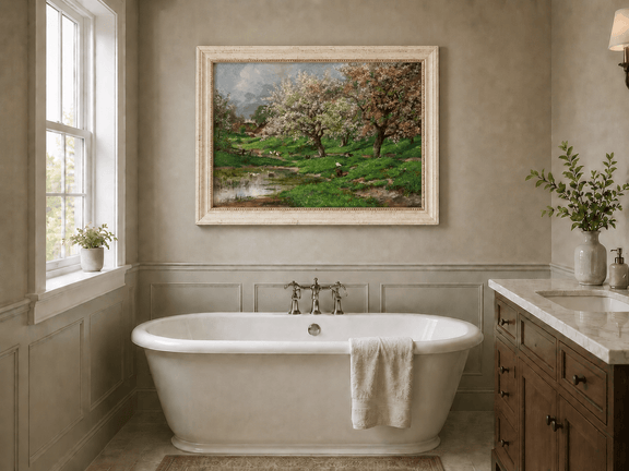 Framed hand-painted blossom orchard oil painting beside a quiet spring pond displayed above a freestanding bathtub.