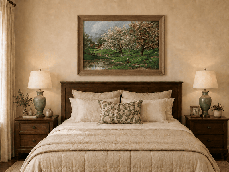 Framed hand-painted blossom orchard oil painting beside a quiet spring pond displayed above a wooden bed in a neutral bedroom.