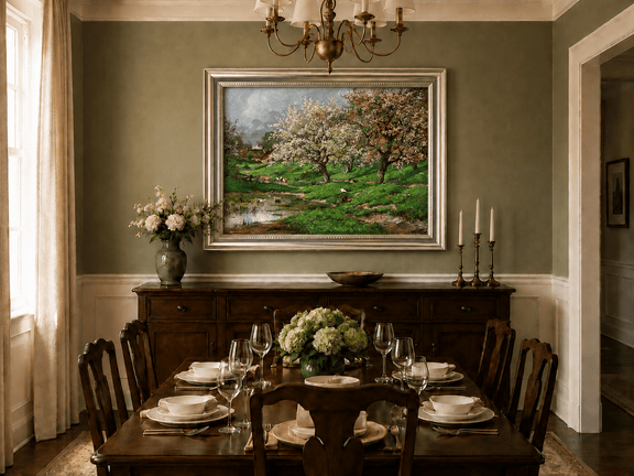 Framed hand-painted blossom orchard oil painting beside a quiet spring pond displayed above a formal dining table.