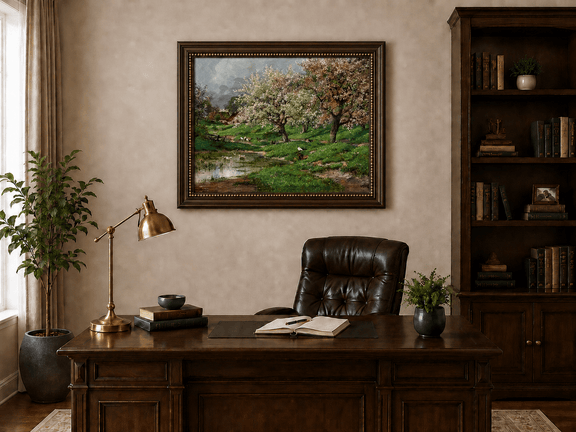 Framed hand-painted blossom orchard oil painting beside a quiet spring pond displayed above a traditional home office desk.