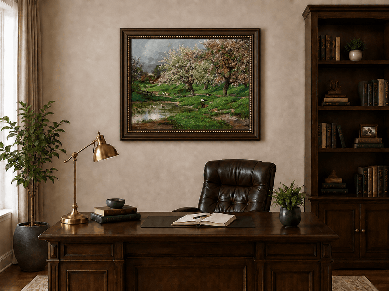 Framed hand-painted blossom orchard oil painting beside a quiet spring pond displayed above a traditional home office desk.