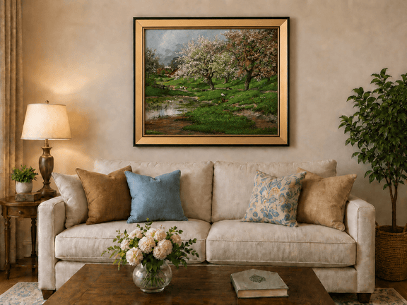 Framed hand-painted blossom orchard oil painting beside a quiet spring pond displayed above a neutral living room sofa.
