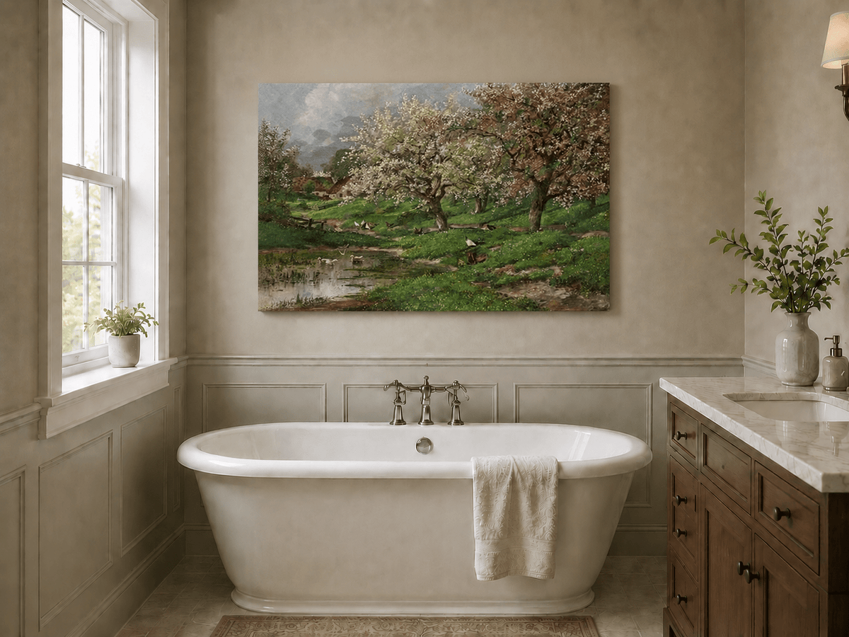 Unframed hand-painted blossom orchard oil painting beside a quiet spring pond displayed above a freestanding bathtub.