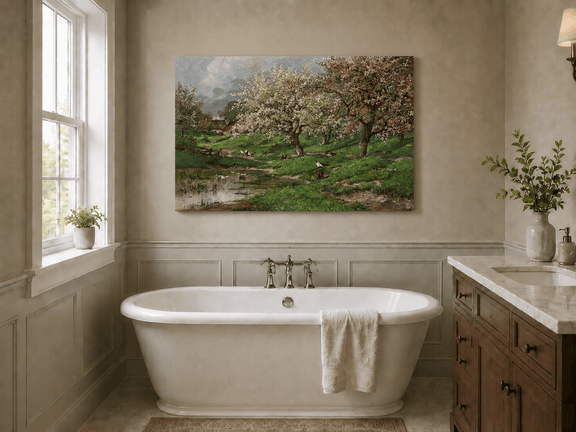 Unframed hand-painted blossom orchard oil painting beside a quiet spring pond displayed above a freestanding bathtub.