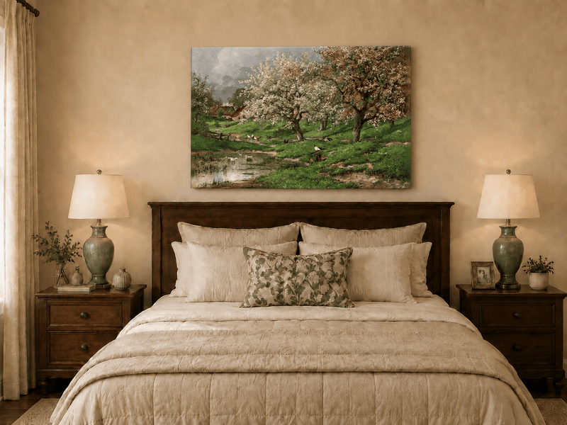 Unframed hand-painted blossom orchard oil painting beside a quiet spring pond displayed above a wooden bed in a neutral bedroom.