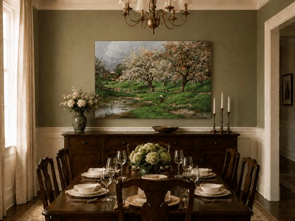 Unframed hand-painted blossom orchard oil painting beside a quiet spring pond displayed above a formal dining table.