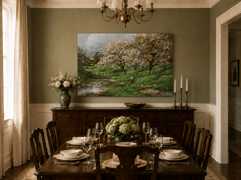 Unframed hand-painted blossom orchard oil painting beside a quiet spring pond displayed above a formal dining table.