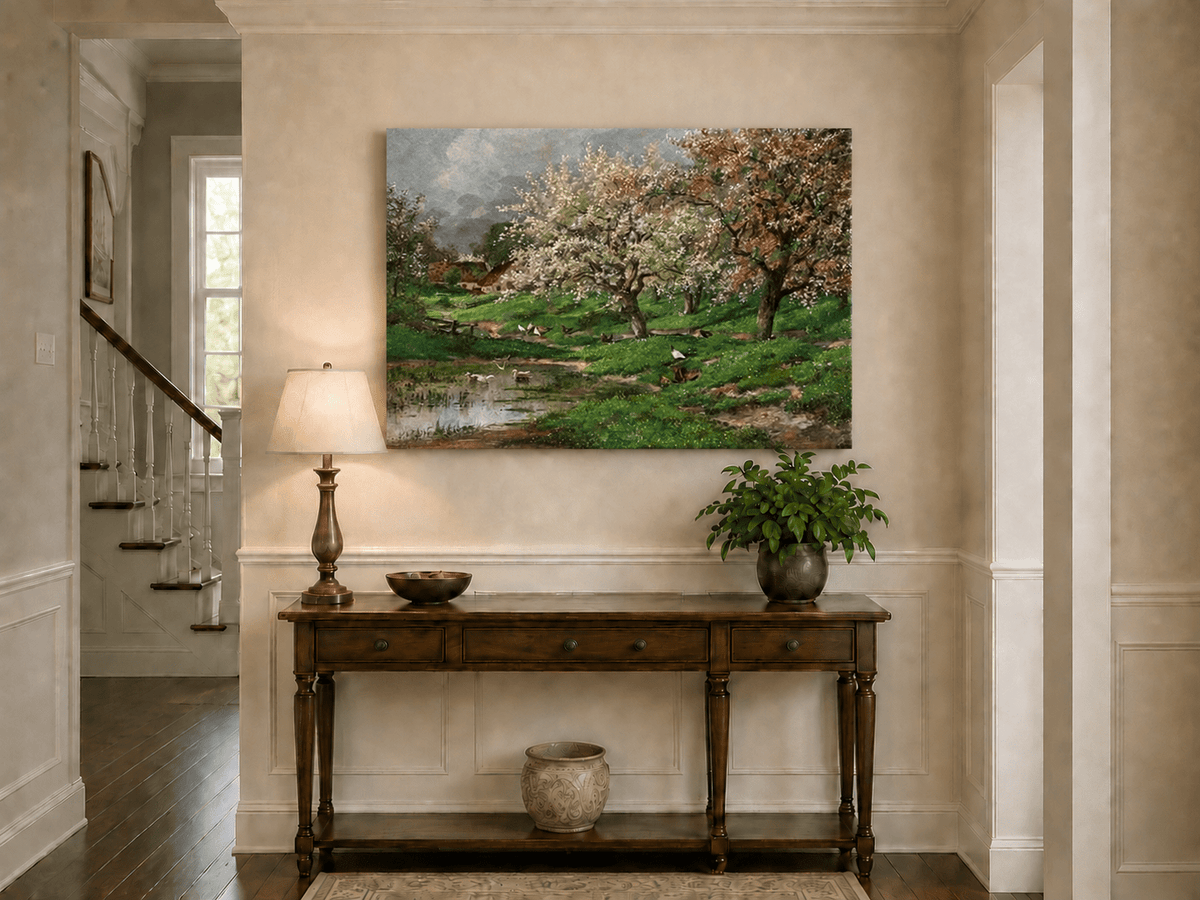 Unframed hand-painted blossom orchard oil painting beside a quiet spring pond displayed above an entryway console table.