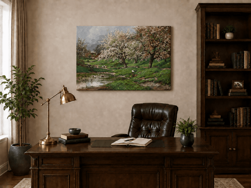 Unframed hand-painted blossom orchard oil painting beside a quiet spring pond displayed above a traditional home office desk.