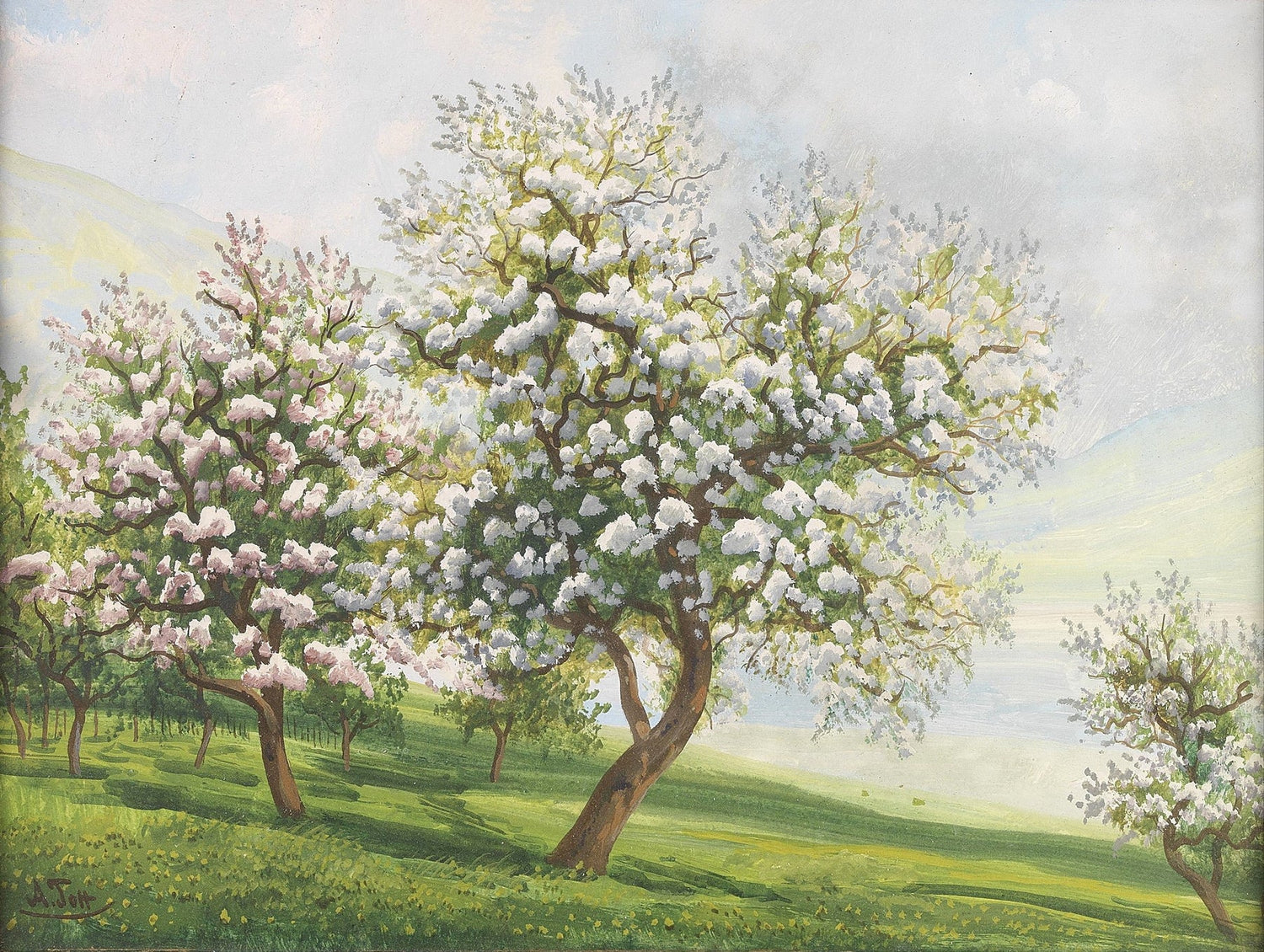 Blossoming Orchard in Spring Meadow - Landscape Oil Painting - Oil Painting Haven